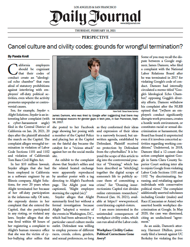 Cancel Culture and Civility Codes as Grounds for Wrongful Termination